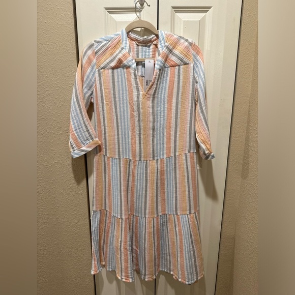 NWT Soft Surroundings Laguna Gauze Dress Peach Stripe Boho Lagenlook Beachy,SP - Picture 4 of 15
